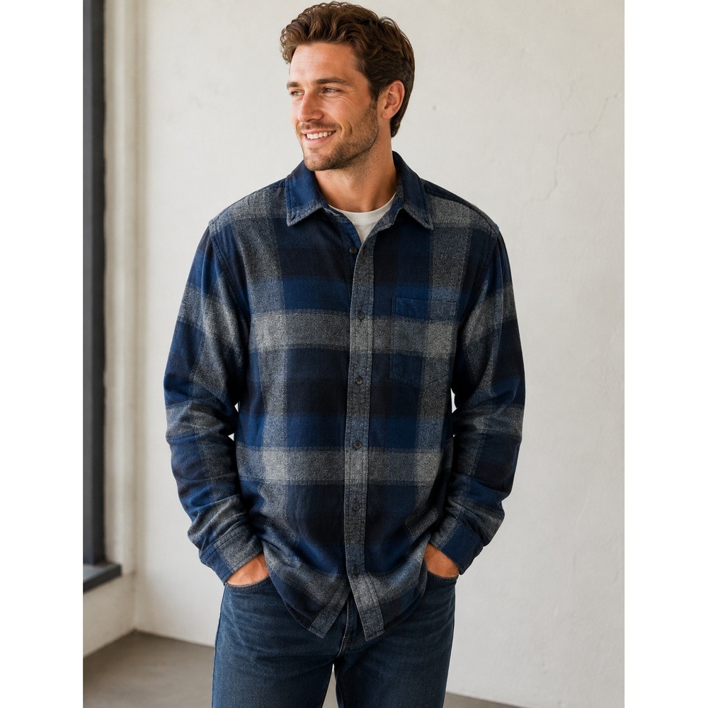 Bob Timberlake Mens Blue Grey Buffalo Plaid Herringbone Button Up Shirt Medium